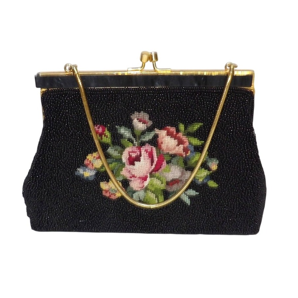 Vintage Black Beaded Floral Petit Point Tapestry Evening Bag Gold Kiss Lock 7"